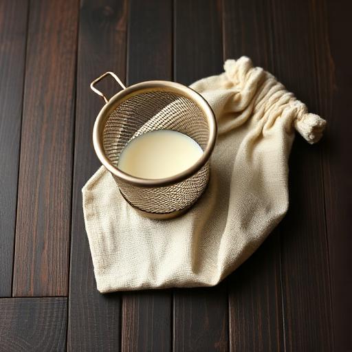 A fine mesh strainer, muslin cloth, or nut milk bag