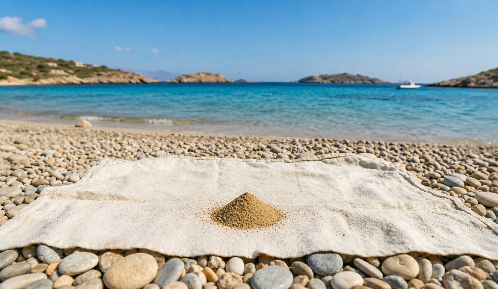Small mound of Noble Fijian kava powder on a cloth by the sea